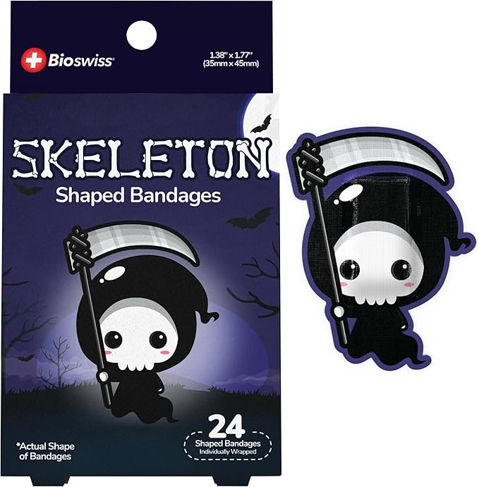BioSwiss Kids Bandages, Halloween Skeleton Shaped Self Adhesive Bandage Set, Latex Free, Sterile Wound Care, 24 Count