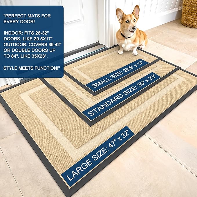 OLANLY Front Door Mat Indoor Outdoor Entrance, Waterproof All-Season, All-Weather Doormat, Sturdy Natural Rubber, Fade Resistant, Low Profile, Easy Clean Patio Porch Entryway Mat, 59x20, Beige