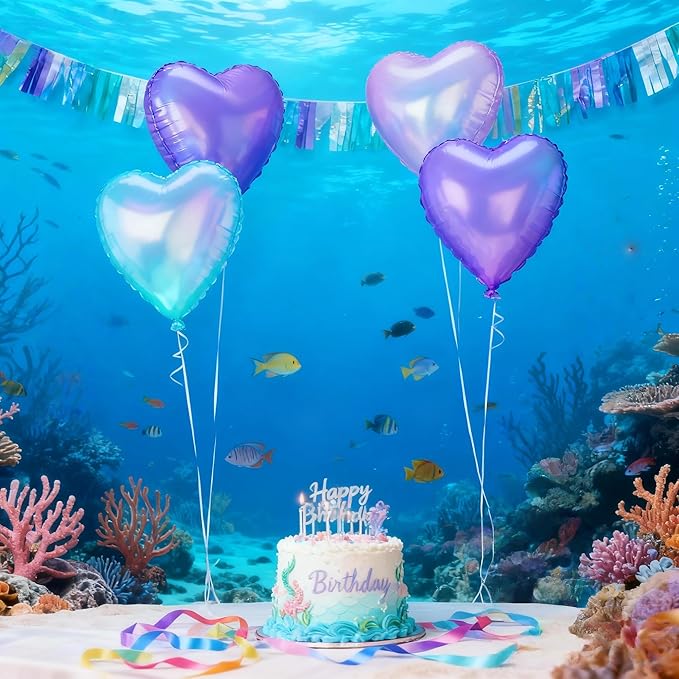 Iridescent Heart Balloons, 12Pcs 18Inch Transparent Crystal Heart Foil Balloon, Gradient Iridescent Pink Purple Green Balloon for Girls Women Princess Mermaid Birthdays Wedding Easter Party Decoration