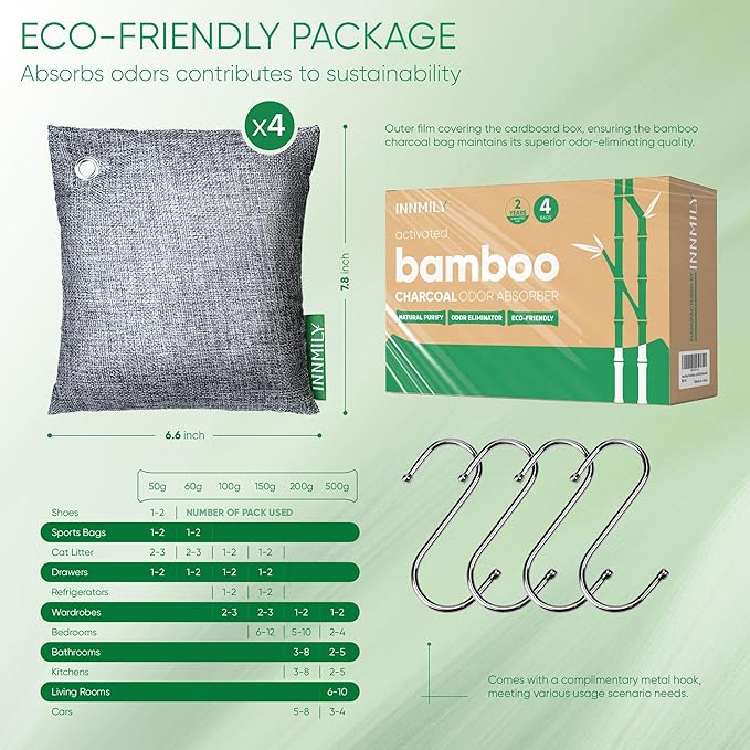 Activated Charcoal Odor Absorber,Large 4x500g w Hooks Nature Odor Eliminator for Strong Odor,Bamboo Charcoal Air Purifying Bags,Moisture Absorbers for Fresh Home Car Closet Pet,Smoke Room Deodorizer