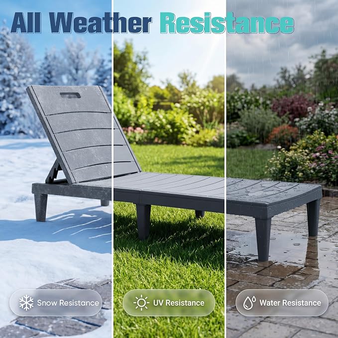 Devoko Outdoor Chaise Lounge Chair Set of 2 with 5-Position Adjustable Back, Waterproof & Lightweight PP Lounge Chairs for Outside Pool Patio (Light Grey)