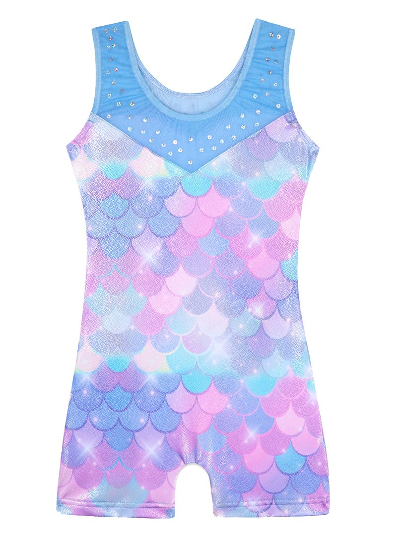 HOZIY leotards for gymnastics kids size 7-8 years Spliced Mesh Strap Tumbling Outfits Biketard Practice Blue Mermaid Rhienstone Sparkly ropa de gimnasia para niñas