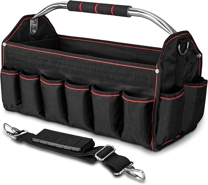 HAUTMEC 18" Foldable Tool Tote, Open Top Tool Bag with Removable Divider & Stiff Frame, 23-Pockets Electrician Tool Bag with Padded Steel Handle, Shoulder Strap & Water-Resistant Hard Base – HT0020
