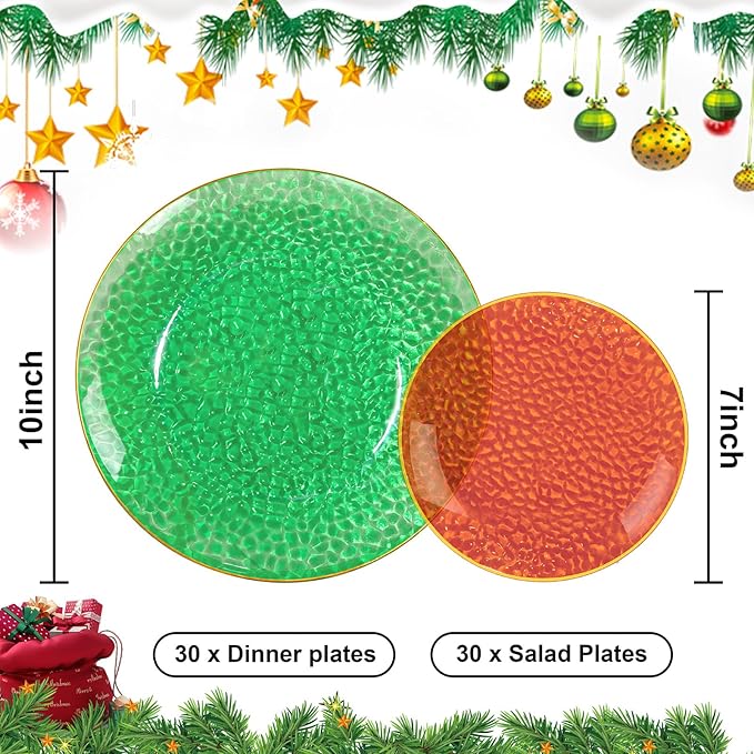 Rubtlamp 60 Pcs Christmas Plasitc Plates, Clear Green Red Plastic Plates With Gold Rim, Red Green Hammered-design, Include 30 Red Dessert Platos, 30 Green Dinner Platos, Perfect For Christmas