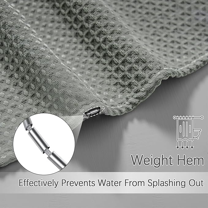 Gray Shower Curtain Waffle Weave 36 Inches Heavy Duty Stall Fabric Shower Curtain Set for Bathroom, Waterproof Weighted 256GSM Half Size Shower Curtains with 6 Hooks, 36Wx72H Grey