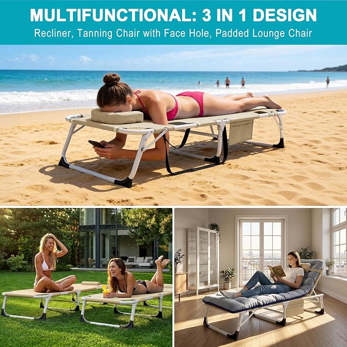ABORON 3-in-1 Tanning Chair, 5-Position with Face and Arm Holes | 5-position reclining chair includes a removable mat, pillow, face hole and arm slots; folds flat for beach or patio use.