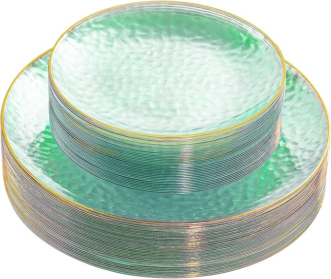 Rubtlamp 60 Green Plastic Plates, Hammered Clear and Gold Disposable Plates Include 30 Dessert Platos, 30 Dinner Platos for St. Patrick's Day