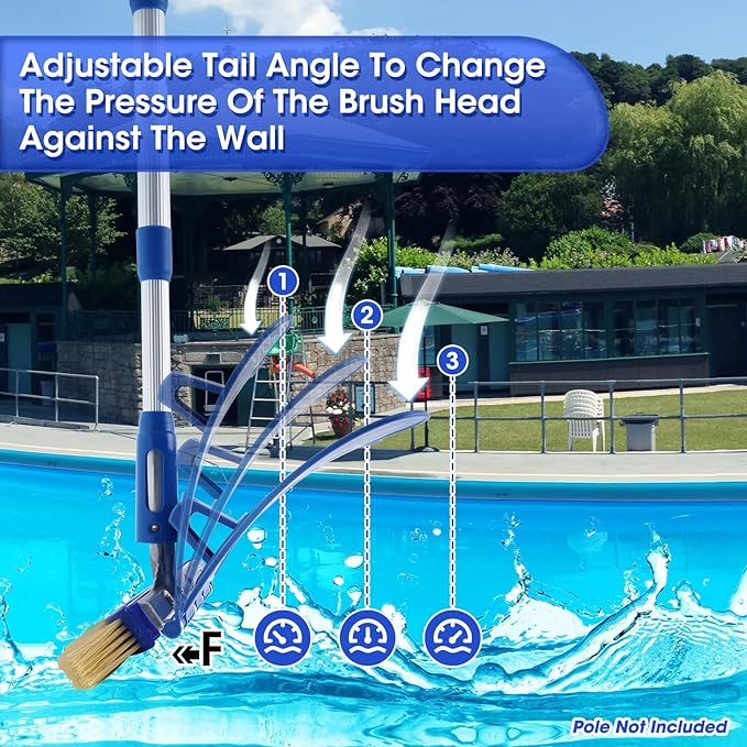 Pool Brush with Brush Tail for Cleaning Pool Walls Using Water Pressure, 18" Tough Plastic Bristles Pool Brush Head with EZ Clips Fit Most Poles (Pole not Included)