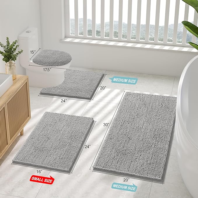 Smiry Luxury Chenille Bathroom Rugs 34x21, Extra Soft and Absorbent Shaggy Bath Mat, Machine Washable, Non-Slip Plush Carpet Runner for Tub, Shower, and Floor, Home Decor Accessories, Light Grey