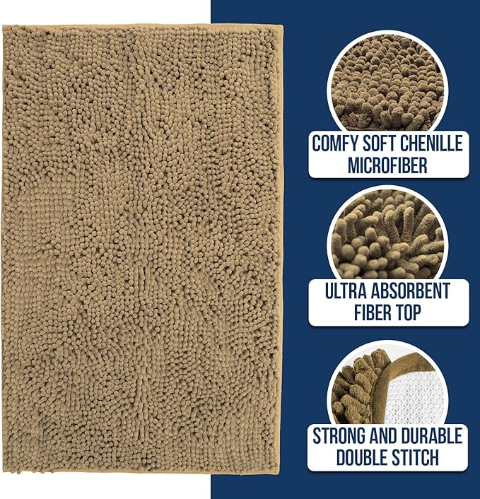 Muddy Mat Chenille Bathroom Rugs Quick Dry Microfiber Mats Non Slip Washable, Extra Thick, Soft and Highly Absorbent Bath Mats for Bathroom, Kitchen, and Shower Floor - Beige XL 59"X35"