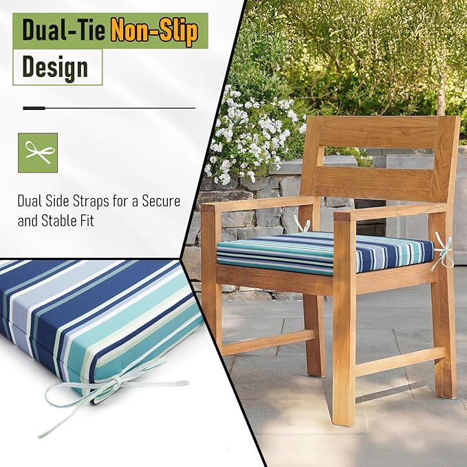 Basic Beyond Outdoor Chair Cushions Set of 2, Square Corner Outdoor Cushions for Patio Furniture, Water Resistant Patio Chair Cushions with 2 Ties, 18.5x16x3, Pinstriped Blue