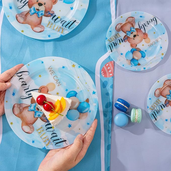 WELLIFE 20PCS We Can Bearly Wait Teddy Bear Plates – Reusable Plastic Dinner & Dessert Plates (10×9.2" + 10×6.3") for Baby Shower, Gender Reveal & Boy Birthday Party