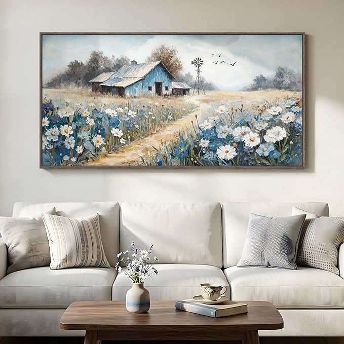 Large Framed Farmhouse Canvas Wall Art for Living Room, Blue Vintage Rustic Barn Horizontal Canvas Prints, Country Floral Wall Decor for Bedroom Dining Room Hallway 30x60 Inch