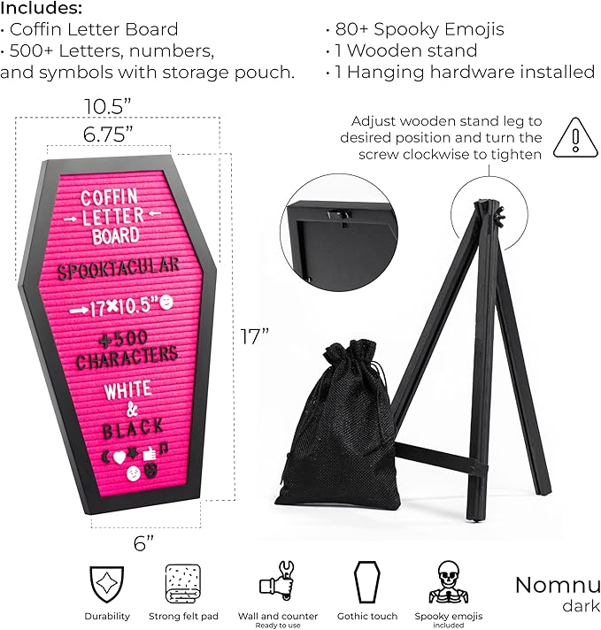 Coffin Letter Board Pink With Spooky Emojis +500 Characters, and Wooden Stand - 17x10.5 Inches - Gothic Halloween Decor Spooky Gifts Decorations