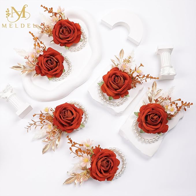 Meldel Burnt Orange Wrist Corsage and Boutonniere Set, Flower On Wrist for Bride Bridesmaid Wedding, Boutonniere for Men Groom Groomsman Wedding Accessories Prom Party Suit Decorations