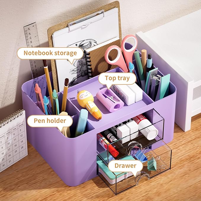 Marbrasse Pen Organizer with 2 Drawer, Multi-Functional Pencil Holder for Desk, Desk Organizers and Accessories with 5 Compartments + Drawer for Office Art Supplies (Purple)
