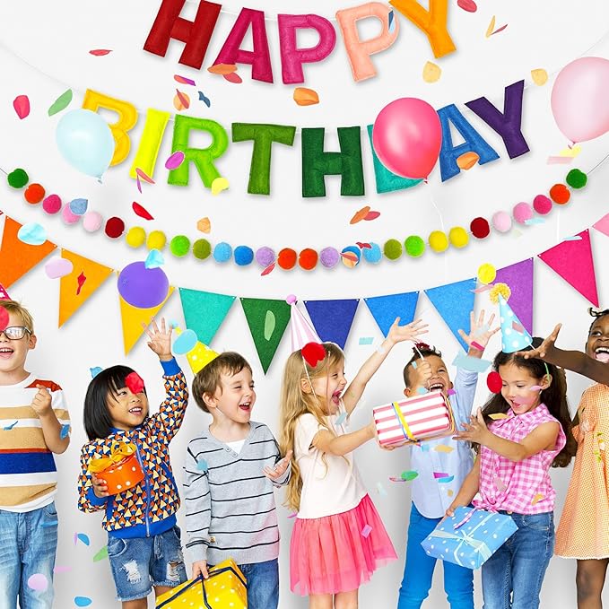 CANREVEL Pre-Strung 3D Happy Birthday Banner, 3 PCS Rainbow Happy Felt Garland, Pom Pom Garland, Triangle Fabric Bunting, Reusable Rainbow Birthday Decorations for Girls Boys Women Men