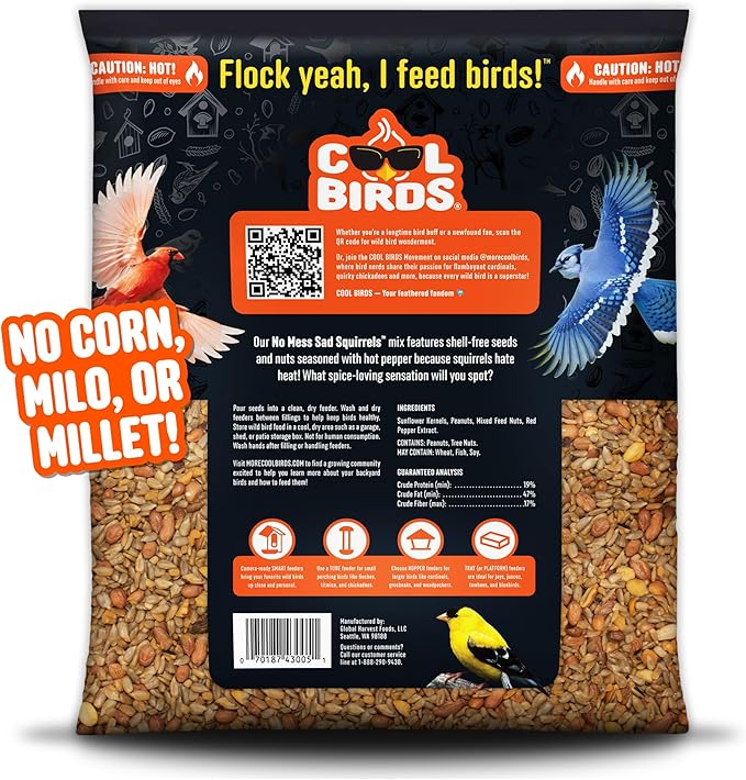 Cool Birds No Mess Sad Squirrels Hot Bird Seed – 10 lb. Spicy Shell-Free Blend with Peanuts, Sunflower Hearts & Chili Pepper Oil – No Waste, Squirrel-Resistant Bird Food for Outside Feeders
