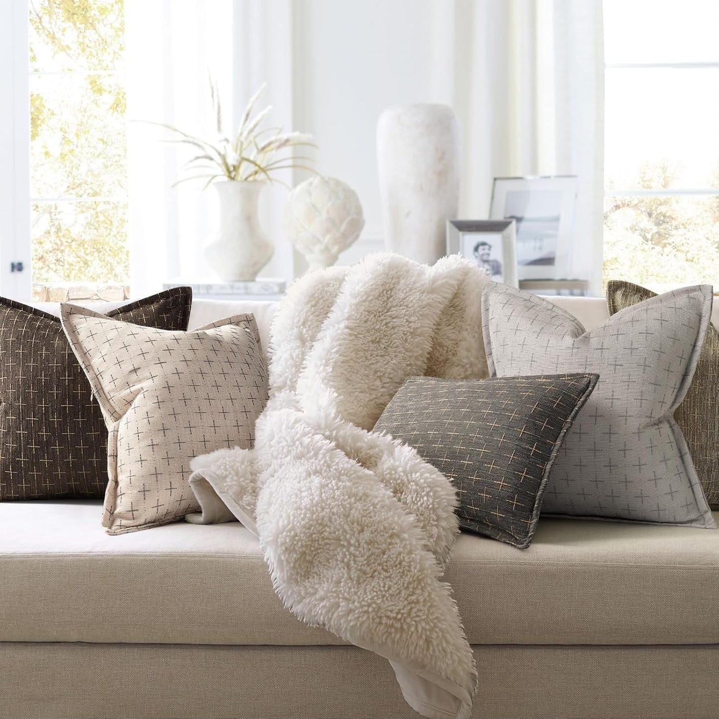 Pillow Covers 24x24 Set of 2 Soft Polyester Textured Pillow Covers with Stylish Flange Edge Cozy Farmhouse Throw Pillows for Couch Bed Sofa Living Room