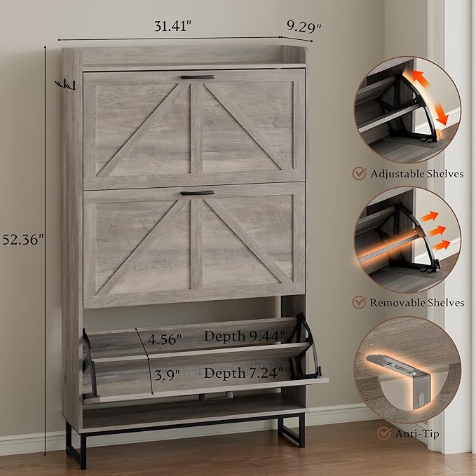 Shoe Cabinet with 3 Flip Drawers Narrow Shoe Storage Cabinet Organizer Wooden Freestanding Shoe Rack Hidden Slim Shoes Storage Cabinet for Entryway, Hallway, Living Room, Bedroom