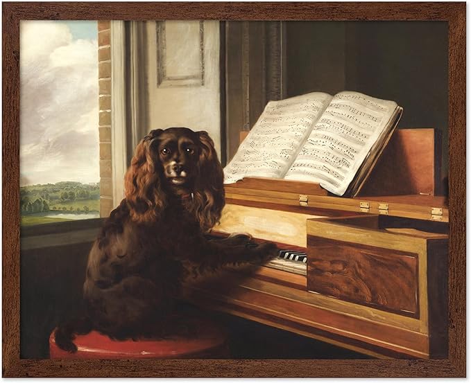 Poster Master Vintage Portrait of an Extraordinary Musical Dog Poster - Retro Dog Print - Puppy Art - Music Art - Piano Art - Animal Lover Art - Living Room or Office Decor, 8x10 Brown Framed