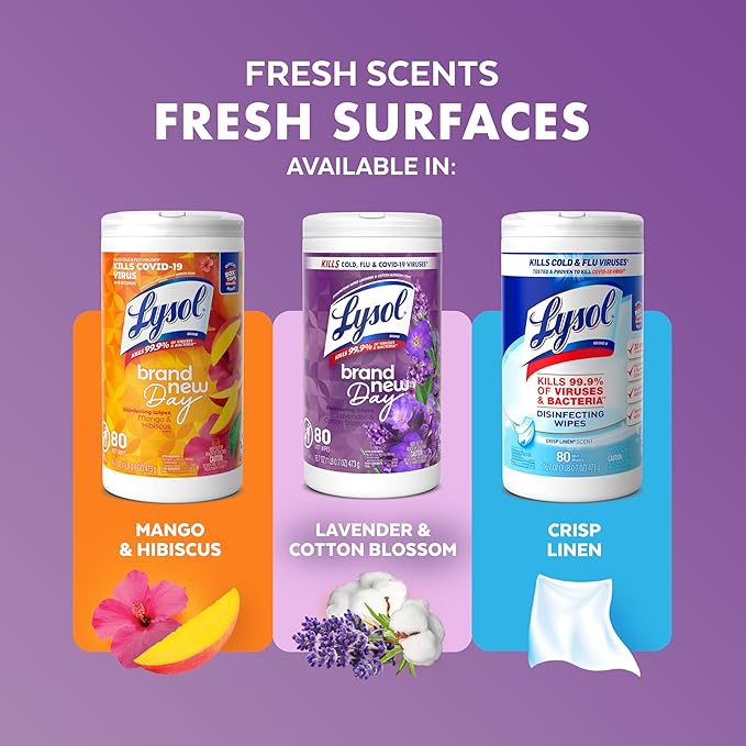 Lysol Disinfectant Wipes, Multi-Surface Antibacterial Wipes For Disinfecting, Dorm Room Essentials, Cleaning Supplies for Home, Bathroom, Lavender & Cotton Blossom Scent, 80 Count