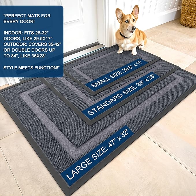 OLANLY Front Door Mat Indoor Outdoor Entrance, Waterproof All-Season, All-Weather Doormat, Sturdy Natural Rubber, Fade Resistant, Low Profile, Easy Clean Patio Porch Entryway Mat, 71x47, Light Grey