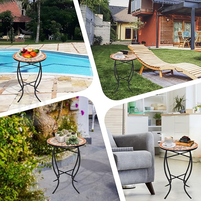 VCUTEKA Mosaic Side Table, 21" Round End Table with 14" Ceramic Tile Top, Patio Accent Table Indoor and Outdoor End Table for Yard, Garden, Living Room, Bistro Balcony or Lawn Golden Sun