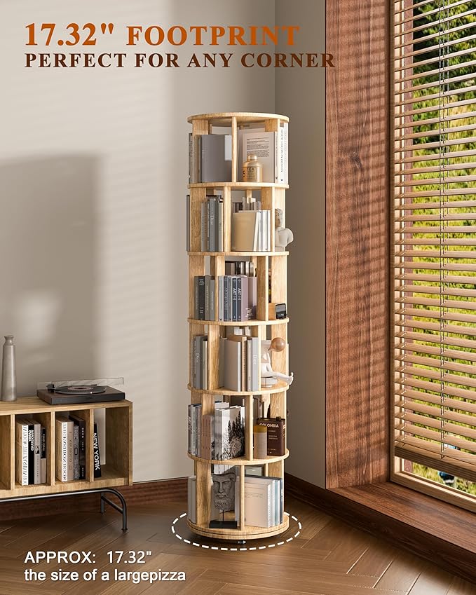 6-Tier Solid Wood Rotating Bookshelf on Wheels, 360° Spinning Book Shelf Tower, Round Revolving Bookcase Organizer, Rolling Bookshelves for Small Spaces, Corner, Bedroom, Kids Room, Office, Natural