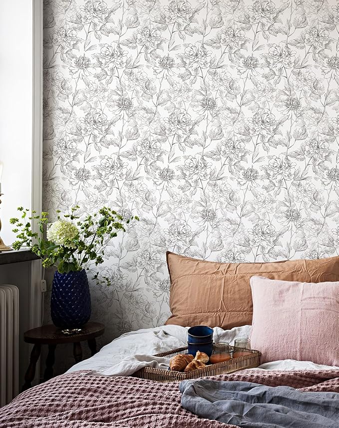 JiffDiff Floral Wallpaper Black & White Peel and Stick Vintage Peony Wall Paper