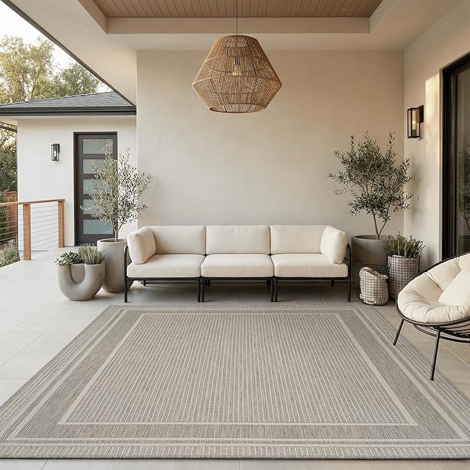MontVoo-Outdoor Rug-Patio Rug 6x9 ft Polypropylene Indoor Outdoor Rugs Outdoor Carpet for Patio Deck Balcony Porch, Textured Weave, Durable for High Traffic, Fade-Resistant, Modern Silver Grey