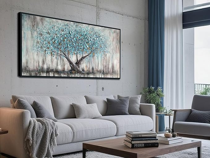 Arjun Framed Blue Tree Canvas Wall Art for Living Room Tree of Life Abstract Bedroom Textured Painting, Nature Picture Landscape Artwork Home Office Decor, Black Wood Large 40"x20"