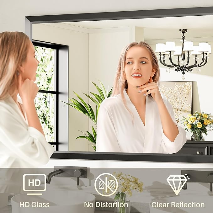55x30 Inch Black Bathroom Mirror for Wall, Thick Metal Framed Rectangle Mirrors for Over Sink, Bedroom, Living Room, Entryway, Anti-Rust, HD Tempered Glass