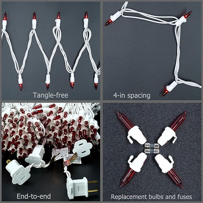 YULETIME 200 Red Christmas Lights, Pack of 2 Sets 33 Feet 100 Count UL Certified Incandescent String Lights (Red - White Wire)