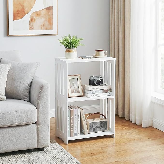 3-Tier End Table Nightstand White, Narrow Side Table with Storage Shelf, Small Bookshelf Bedside Table for Bedroom, Living Room, Office, Bathroom