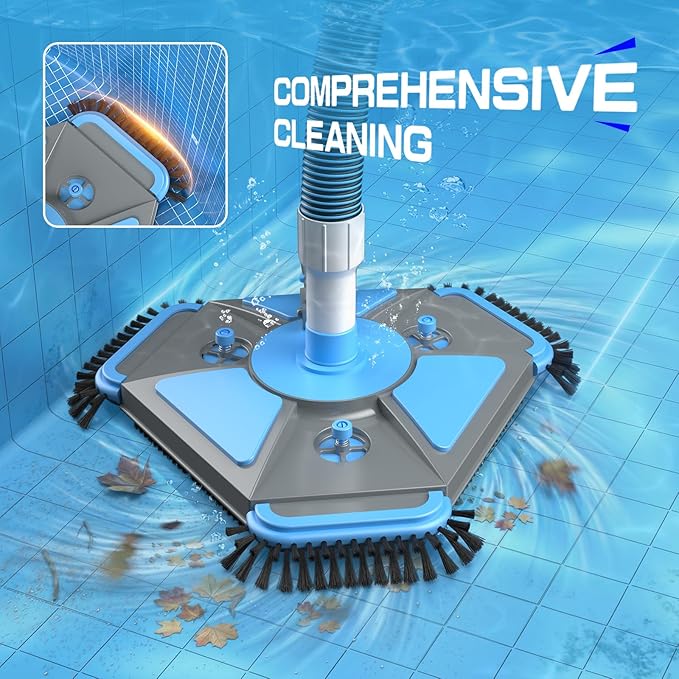 UIRWAY Upgrade Pool Vacuum Head with Side Brush & 360° Swivel Cuff, Heavy Duty Manual Kink-Resistant 1-1/2" x 30 Ft Vacuum Hoses, Weighted Triangular Shape for Inground & Above Ground Pool(No Pole)
