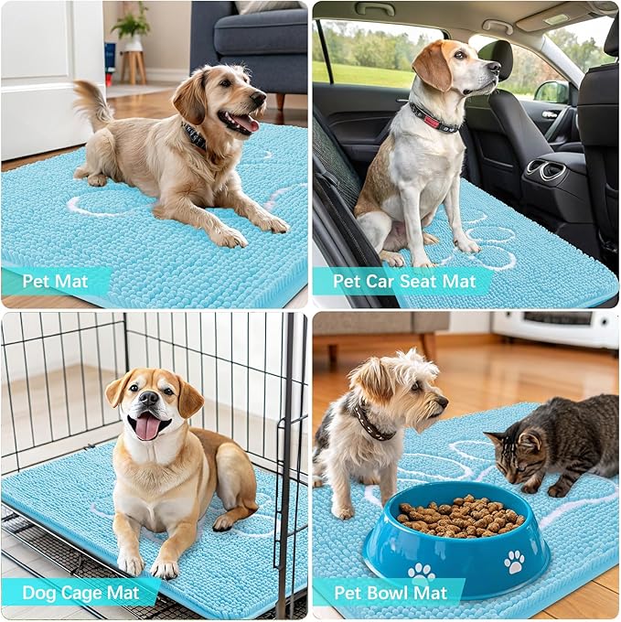 OLANLY Dog Door Mat for Muddy Paws 40x32, Paw Print Design, Absorbs Moisture and Dirt, Absorbent Non-Slip Washable Doormat, Quick Dry Chenille Mud Mat for Dogs, Entry Indoor Entryway Carpet, Blue