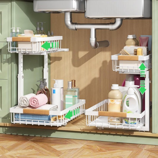 Pull out Cabinet Organizer, 1 Pack Under Sink Organizer, Slide out Metal Kitchen Cabinet Organizers Drawer Shelf, Sliding Storage Shelves for Kitchen Bathroom Pantry Closet Organization Rack(White)