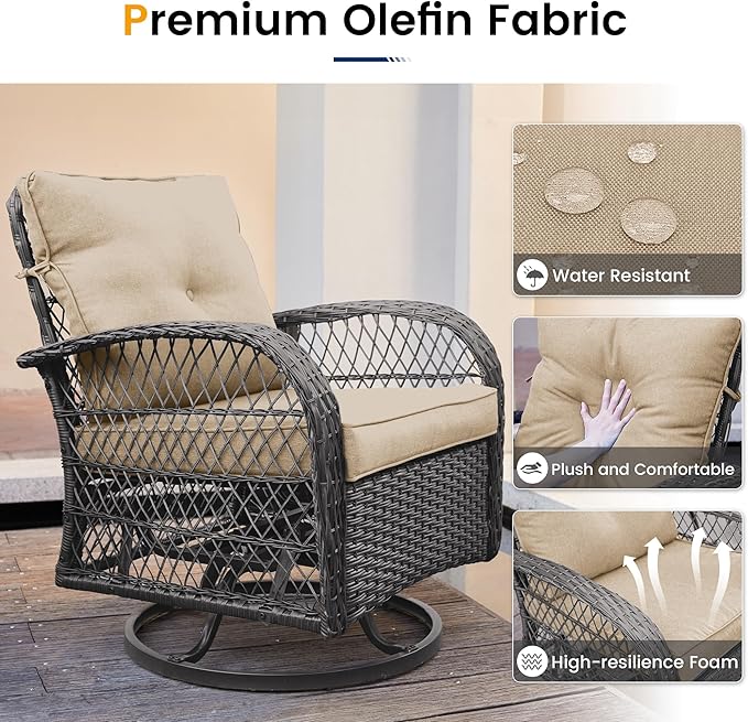 UDPATIO 3 Pieces Patio Furniture Set, Outdoor Swivel Rocker Patio Chairs Set of 2, All-Weather PE Wicker Glider Chairs with Thick Cushions and Glass Coffee Table，for Porch Deck Backyard Khaki