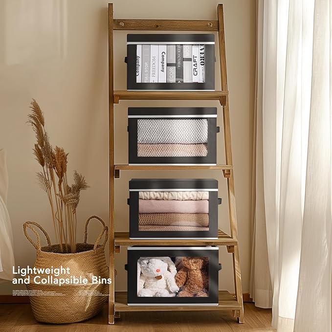 Large Storage Baskets with Lids - Stackable Cube Bins for Closet, 6 Pack Black Windows Organizer Bins, Home Organizers and Storage for Clothes, CD, Towels