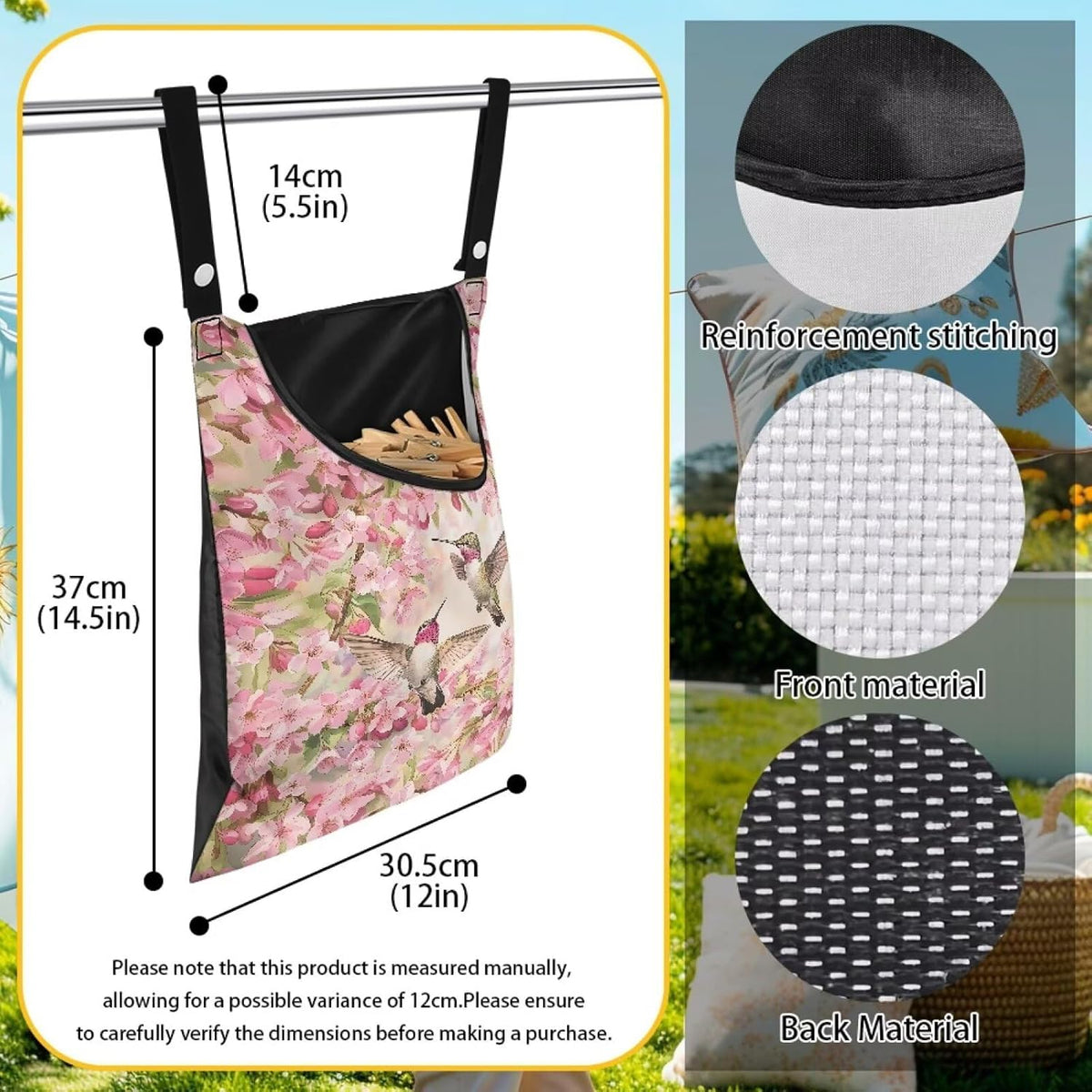 Hummingbird and Cherry Blossom Clothes Pin Hanging Bag, Clothes Pin Hanging Bag Space-Saving Organize Clothespin Bag Large Capacity Clothespin Bag with A Large Opening for Clothesline Outdoor