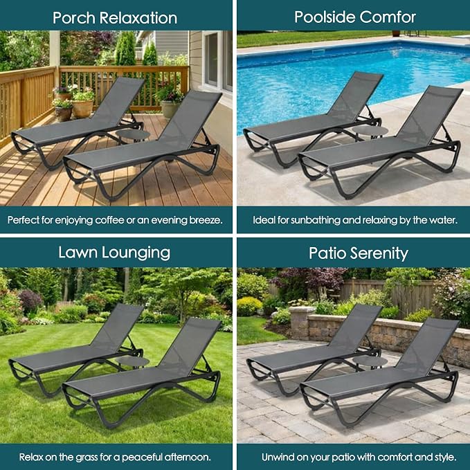 Kozyard Outdoor Chaise Lounge Chair, All Aluminum Frame and Textilene Fabric, Fully Flat Adjustable Reclining Patio Lounger for Poolside, Sunbathing & Backyard, Gray, 2Chairs + Table