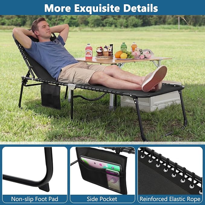 Giantex Patio Lounge Chairs for Outside - Folding Tanning Chair w/Headrest, 4 Adjustable Positions, Side Pocket, Outdoor Chaise Lounge for Camping, Pool, Sunbathing Beach Chair, Black