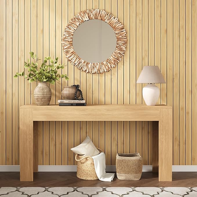 VEELIKE Natural Bamboo Slat Wall Panels Peel and Stick 3D Textured Wood Grain
