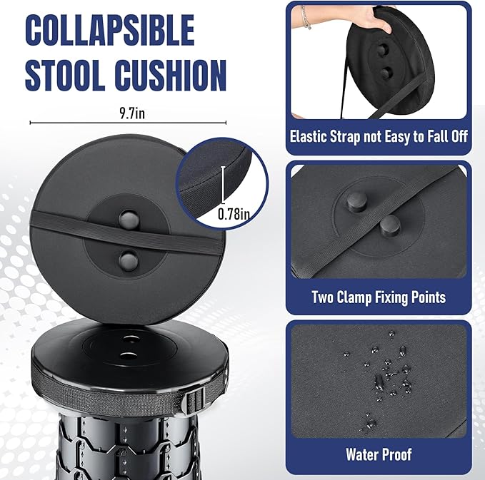 2026 Upgraded Collapsible Stool with Cushion, Portable Folding Stool for Adults Heavy Duty, Camping Stools for Outdoor Camping Travel Hiking Fishing, Adujstable Folding Chair Footrest，Black