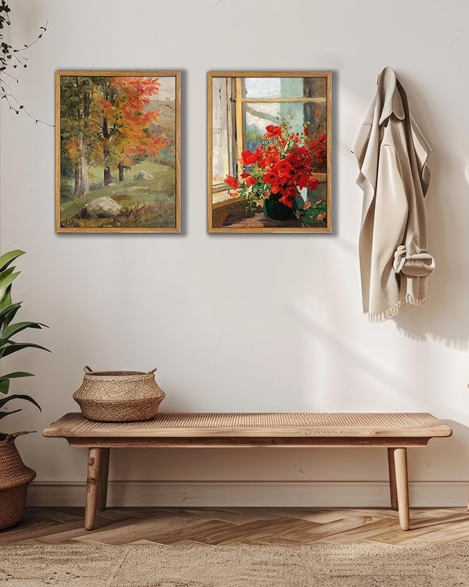 UPWOIGH Framed Wall Art,Autumn Tree Oil Painting Canvas Poster Vintage Fall Landscape Rustic Print Retro Forest Moody Wall Art Living Room Decor 8x10in