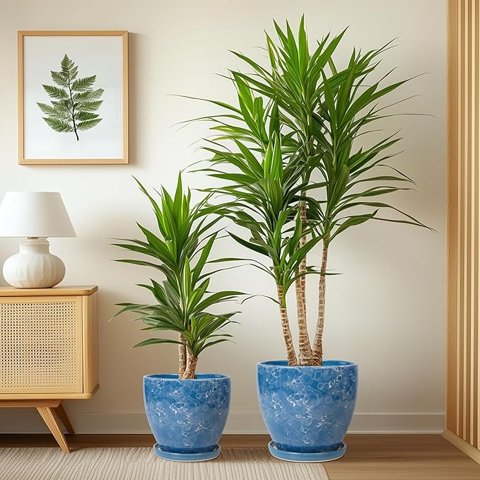 Ceramic Flower Pots - 10 Inch 8 Inch 6 Inch Plant Pots with Drainage Holes and Plant Saucers, Round Modren Planters for Indoor Outdoor, Garden Decor, Gifts for Plant Lovers, Set of 3, Blue