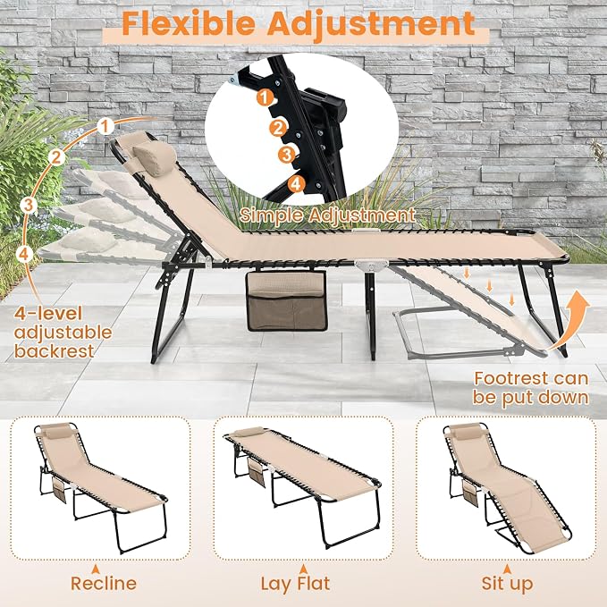 Goplus Chaise Lounge Chair Outdoor, Folding 5-Postion Beach Lounge Chair with Detachable Pillow, Side Pocket, Sunbathing Lounger, Adjustable Tanning Chair for Patio Lawn Pool Yard