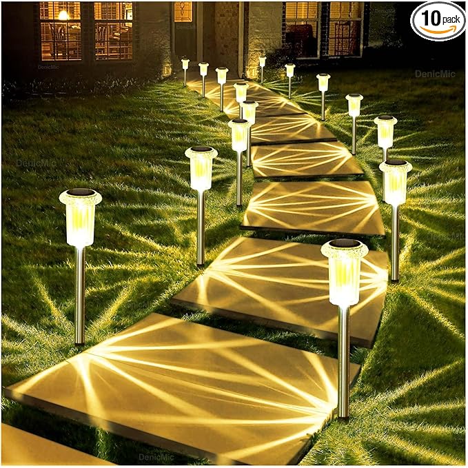DenicMic Solar Lights Outdoor 15 Pack Waterproof 3000K Warm White LED Acrylic lamp Head Stainless Steel Stake for Landscape Lighting Path Walkway Sidewalk Backyard Patio Decor