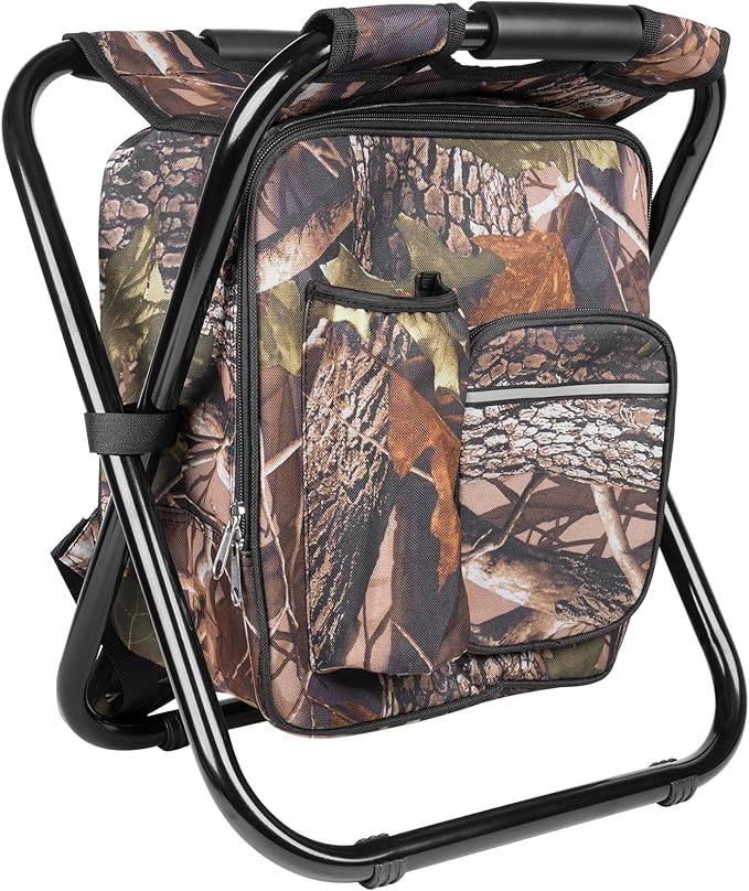 Kikerike Backpack Stool Cooler Chair Heavy Duty 300 LBS Max Load Portable Lightweight Stool Backpack Folding Fishing Cooler Seat for Camping Hunting Fishing - Woodland